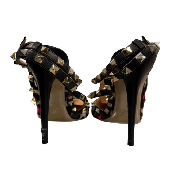 Valentino Garavani Pink/Black Leopard Print Pony Hair Rockstud T-Strap Pumps 40 - Picture 4 of 5